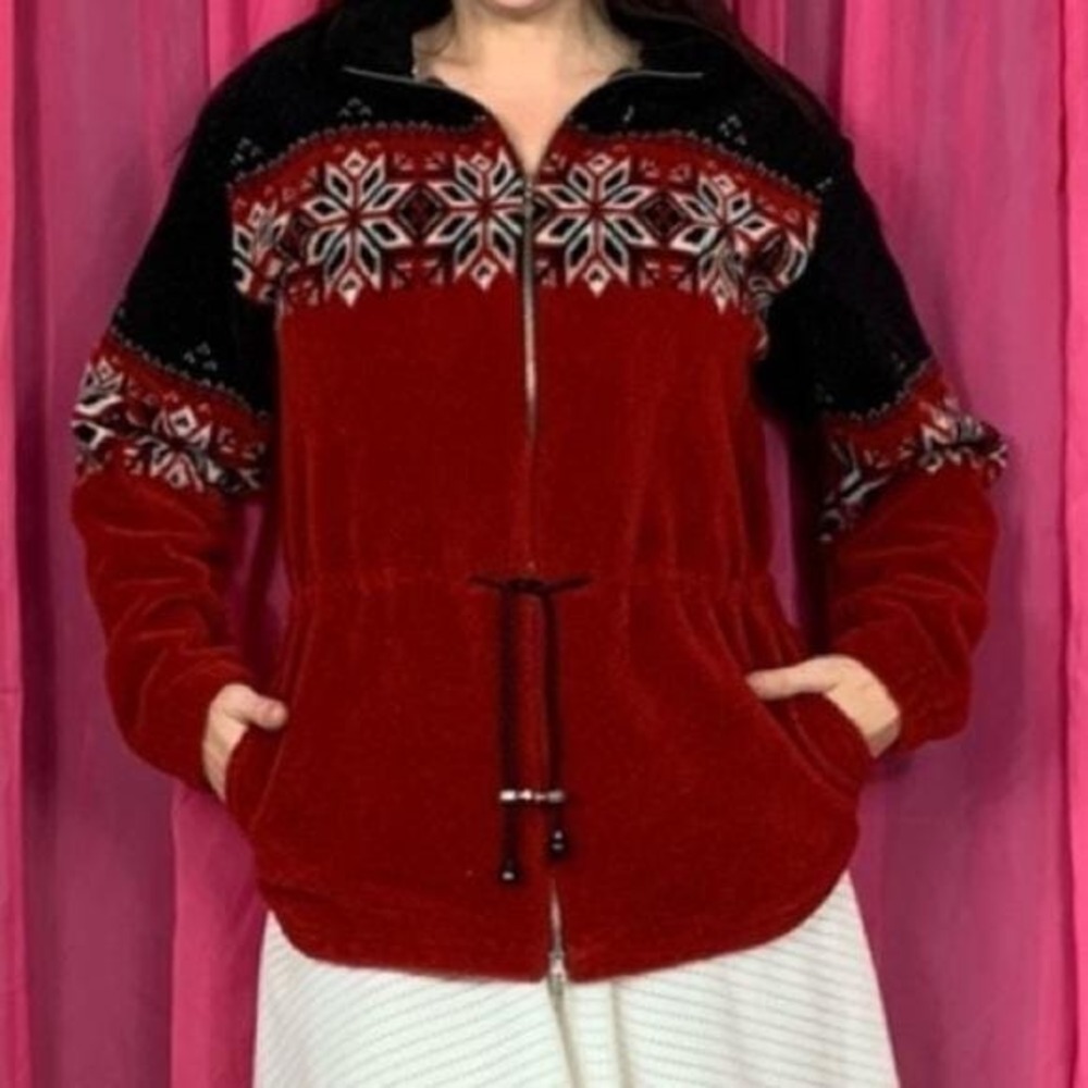 Vintage 90s Black Diamond Fair Isle Snowflake Fleece Jacket Medium - Picture 2 of 9